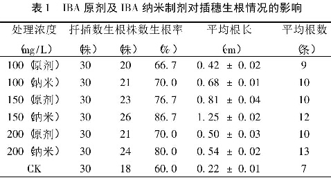 表l IBA原劑及IBA納米制劑對(duì)插穗生根情況的影響